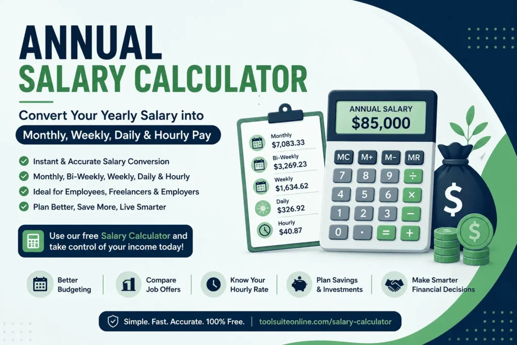 Annual Salary Calculator showing yearly salary conversion into monthly, bi-weekly, weekly, daily, and hourly earnings with a salary breakdown example.