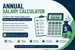 Annual Salary Calculator showing yearly salary conversion into monthly, bi-weekly, weekly, daily, and hourly earnings with a salary breakdown example.