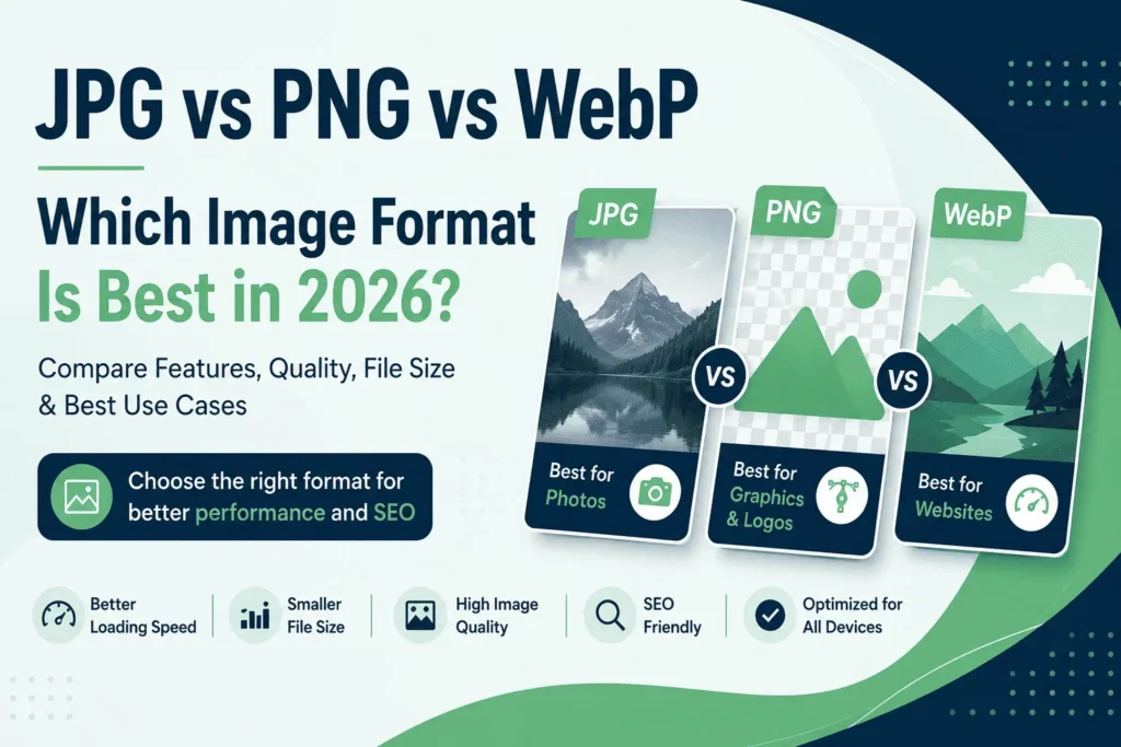 JPG vs PNG vs WebP comparison showing differences in image quality, file size, compression, transparency, and the best use cases for websites and SEO.