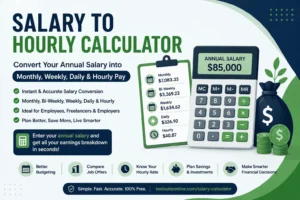 Salary to Hourly Calculator showing annual salary converted into monthly, weekly, daily, and hourly pay with calculator illustration.